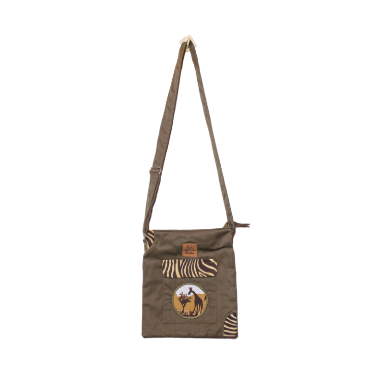 Signature Safari Unisex Jungle Green Canvas Sling Bags with Giraffe Print