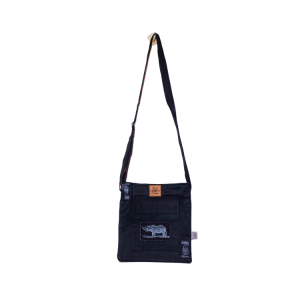Signature Safari Unisex Black Canvas Sling Bags with Rhino