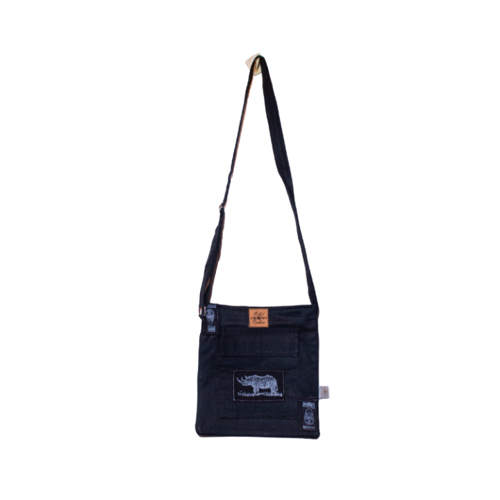 Signature Safari Unisex Black Canvas Sling Bags with Rhino