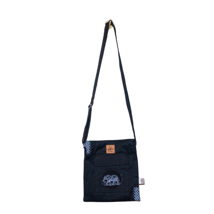 Signature Safari Unisex Navy Blue Canvas Sling Bags with Elephant Animal Print
