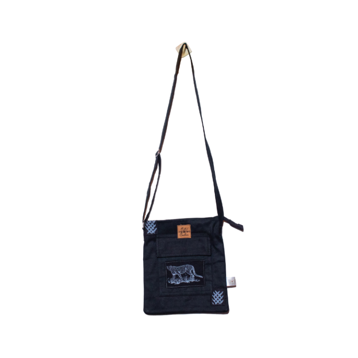 Signature Safari Unisex Black Canvas Sling Bags with Cheetah