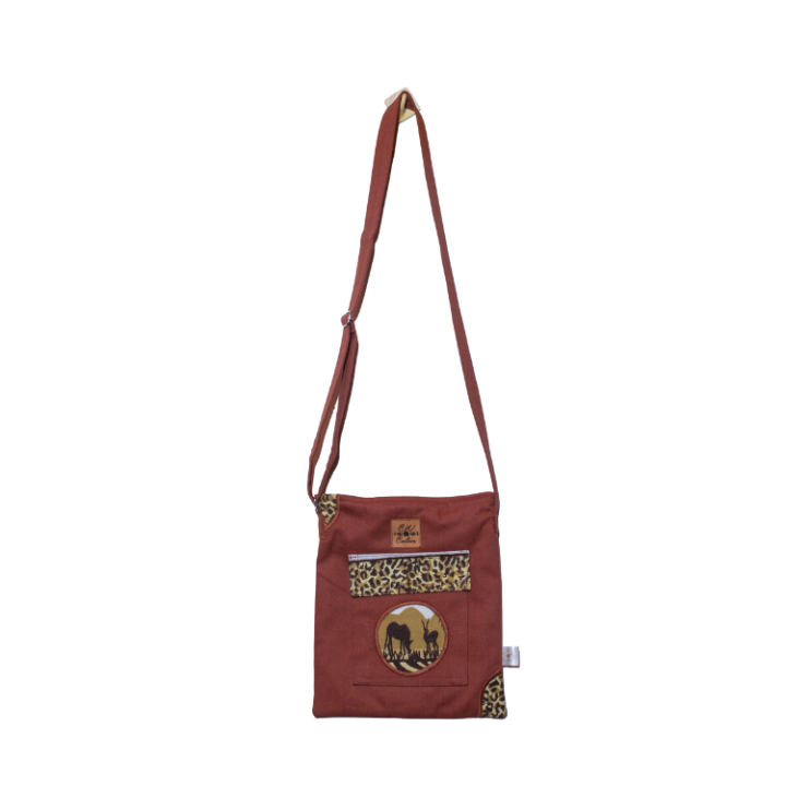 Signature Safari Unisex Brown Canvas Sling Bags with Antelope and Zebra Silhouette