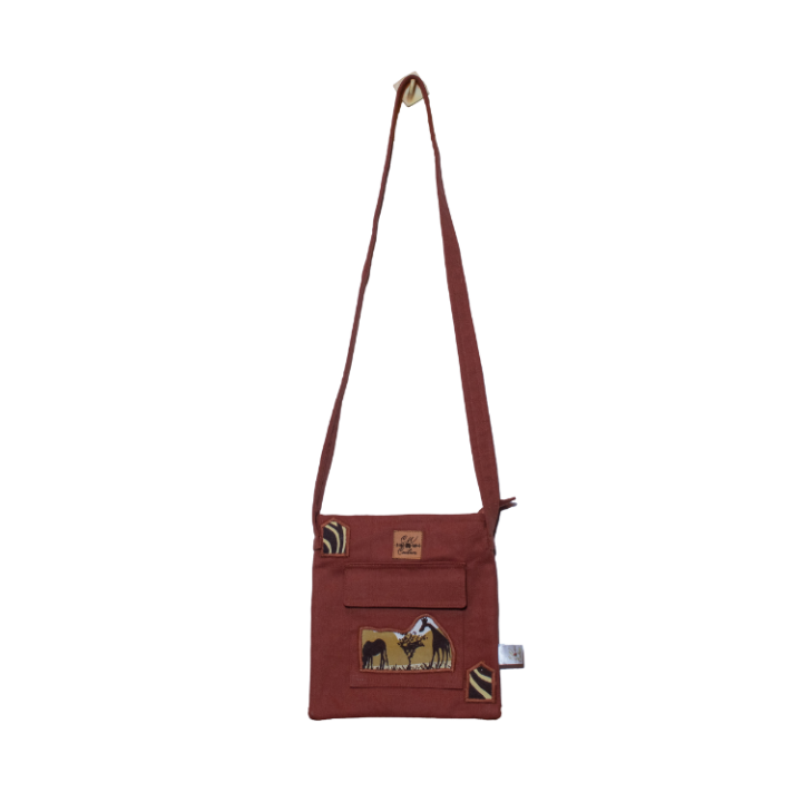 Signature Safari Unisex Brown Canvas Sling Bags with Giraffe and Zebra Silhouette