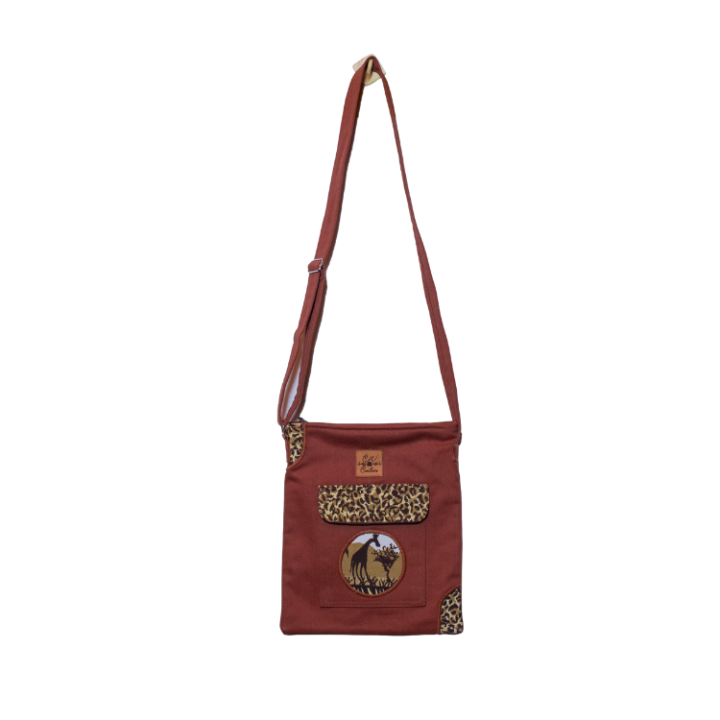 Signature Safari Unisex Brown Canvas Sling Bags with Giraffe Silhouette