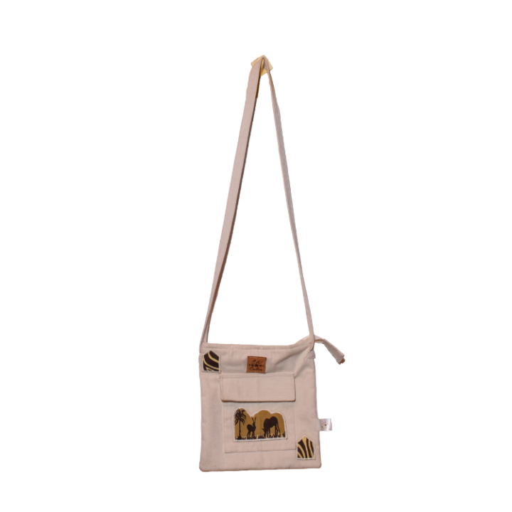 Signature Safari Unisex Cream Canvas Sling Bags with Antelope and Zebra Silhouette with No Sling Adjuster