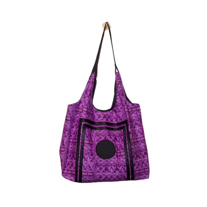 Signature Purple Floral Ankara Tote Bag with Double Framed Black Circle