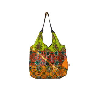 Signature Orange Green Brown Floral Leso Tote Bag with Gold strip