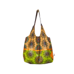 Signature Green Brown Floral Leso Tote Bag with Orange Ribbon Across