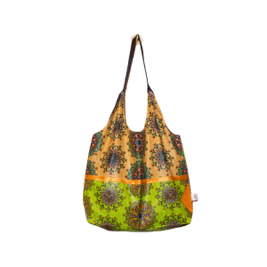 Signature Green Brown Floral Leso Tote Bag with Orange Ribbon Across
