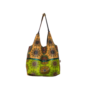 Signature Green Brown Floral Leso Tote Bag with Green Ribbon Across