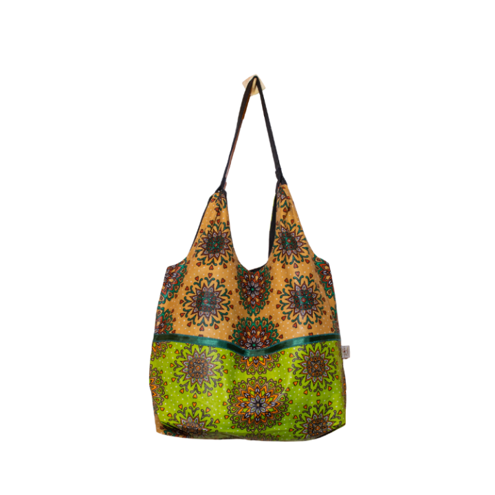 Signature Green Brown Floral Leso Tote Bag with Green Ribbon Across