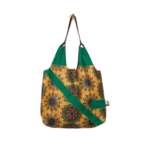 Signature Brown Floral Leso Tote Bag with Light Green Patch Works Arrow Shape