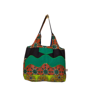 Signature Brown Floral Leso Tote Bag with Dark Green Patch Works Wave Shape