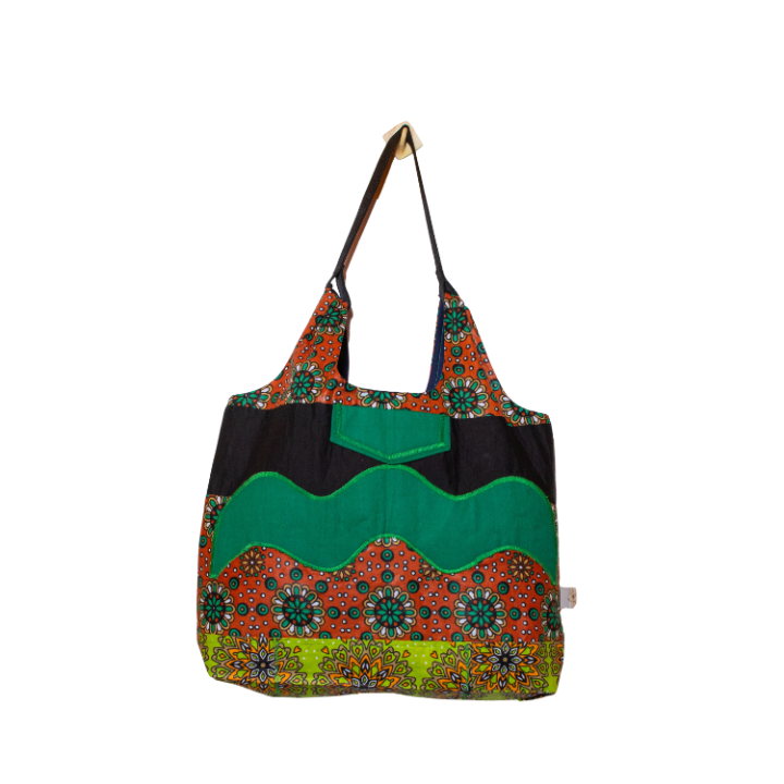 Signature Brown Floral Leso Tote Bag with Dark Green Patch Works Wave Shape