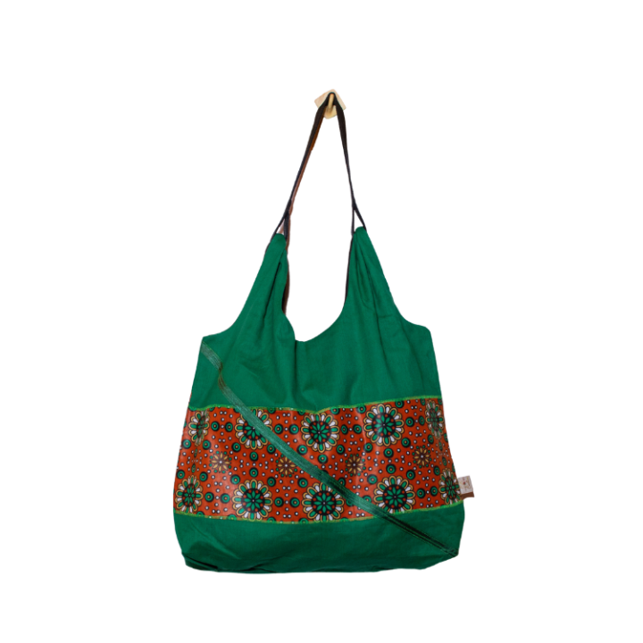 Signature Plain Green Brown Floral Leso Tote Bag with Green Ribbon diagnal