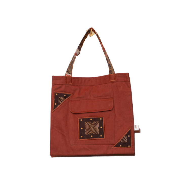 Signature Brown Canvas Cotton Tote Bags with Dark Brown Square African Print with Elephant straps