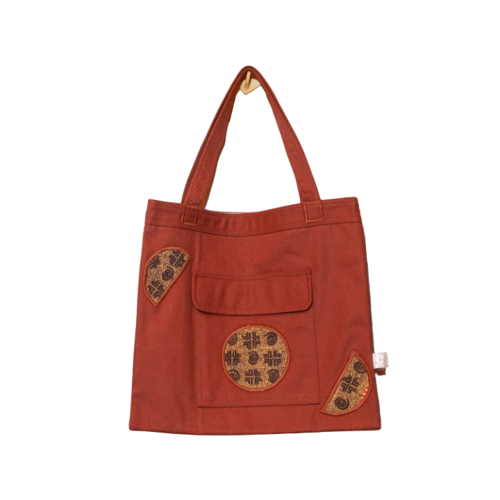 Signature Brown Canvas Cotton Tote Bags with Light Brown Circular African Print