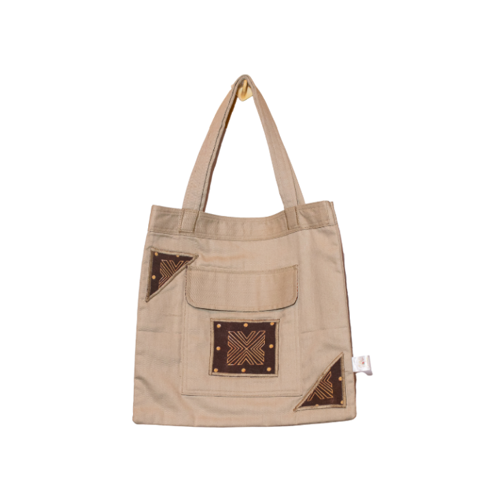 Signature Light Green Canvas Cotton Tote Bags with Dark Brown Square African Print