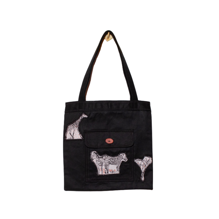 Signature Black Canvas Cotton Tote Bags with Zebra