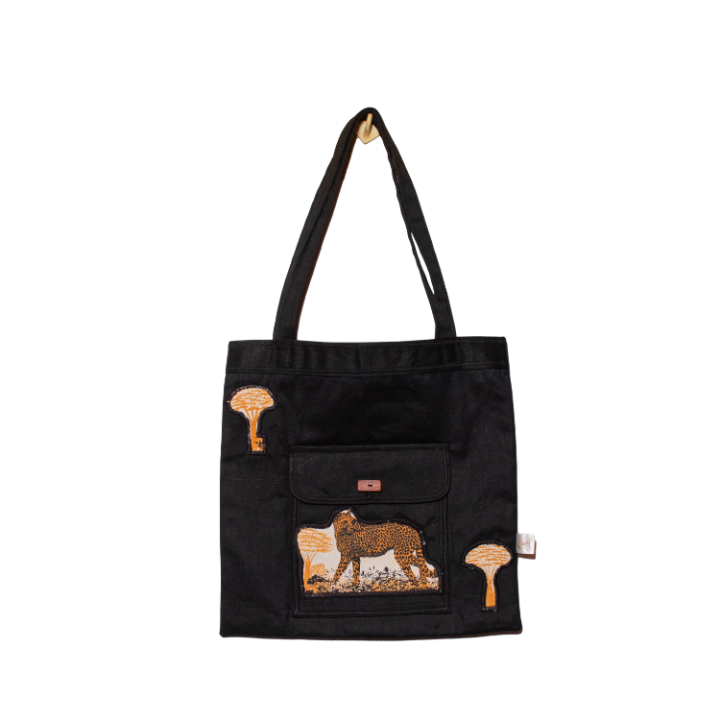 Signature Black Canvas Cotton Tote Bags with Leopard