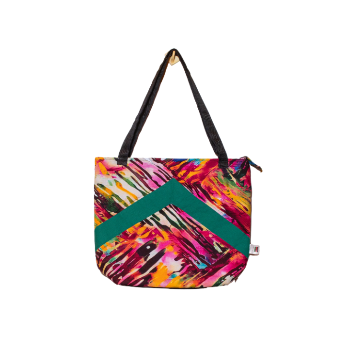 Signature Zebra Ankara Tote Bags with Single Green Inverted V Strip