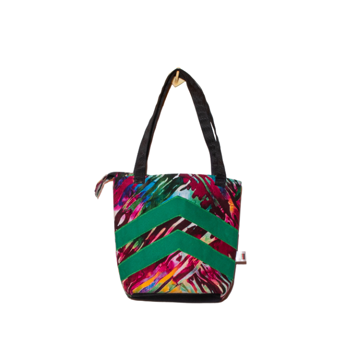 Signature Zebra Ankara Tote Bags with Double Green Inverted V Strip