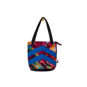 Signature Zebra Ankara Tote Bags with Double Blue Inverted V Strip