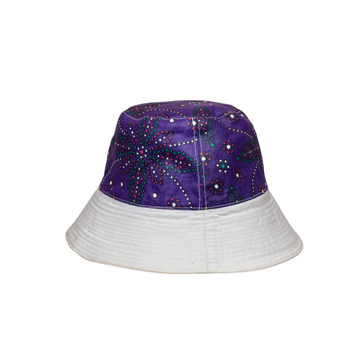 Signature Safari White Canvas Bucket Hat Two Sided with Plain and Purple Floral Leso Print