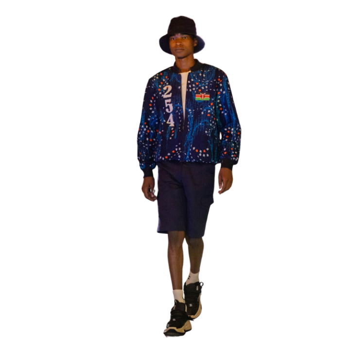 254 Blue Ankara Bomber Jacket with Kenyan Flag detail
