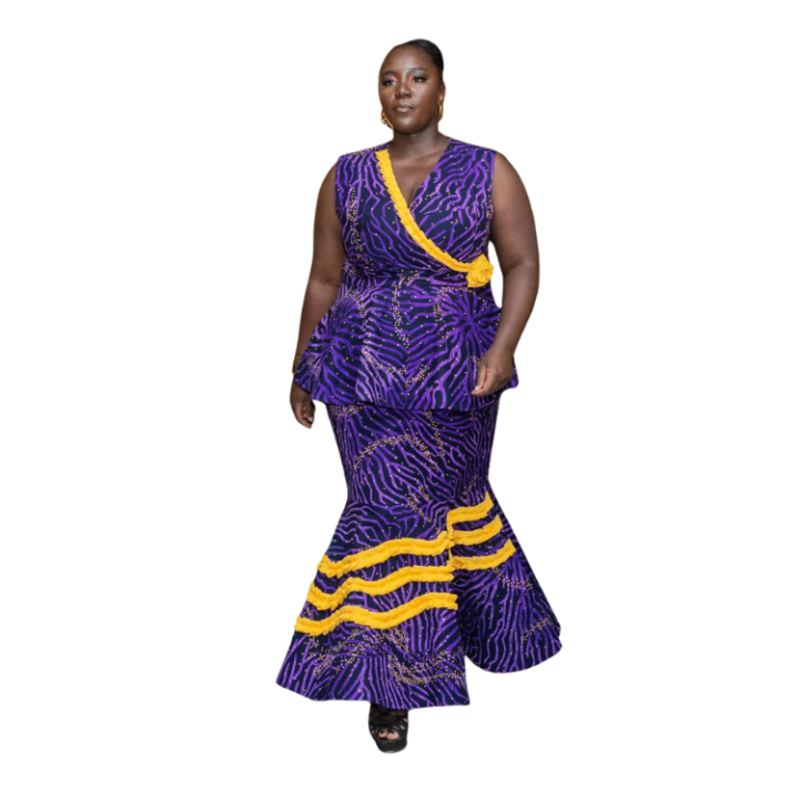 Ladies Ankara print Mermaid Gown with peplum waist and chiffon detail