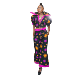Ladies Ankara print cropped jacket with standing collar and matching palazzo pants