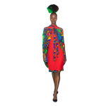 Ladies red chiffon halter neck dress with Ankara pleat details and multi-colored shoulder cape orwrap around skirt