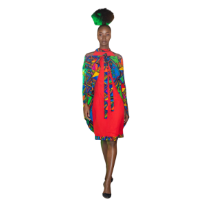 Ladies red chiffon halter neck dress with Ankara pleat details and multi-colored shoulder cape orwrap around skirt