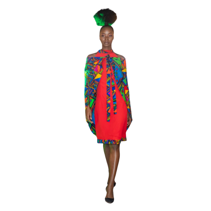 Ladies red chiffon halter neck dress with Ankara pleat details and multi-colored shoulder cape orwrap around skirt