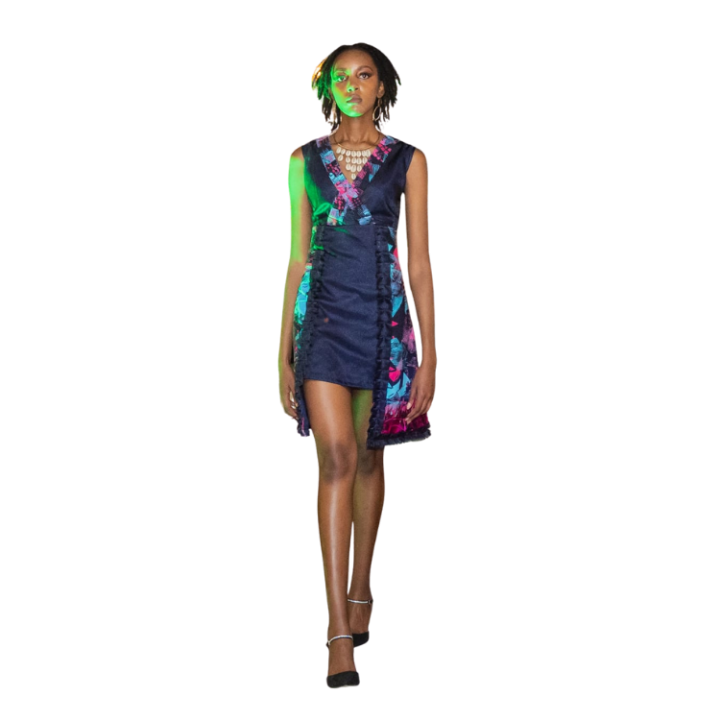Ladies Ooh Organza Front Criss Cross dress with Ankara print and feather detail on hem line