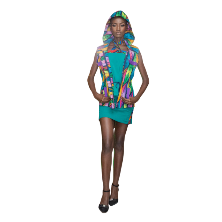 Laides 3 Piece Signature Safari Ankara Multi-colored jacket with hoodie, Chiffon halter neck top and chiffon skirt