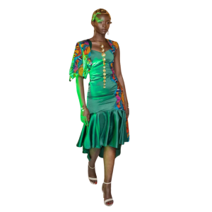 Ladies Sassy Satin dress with Ankara shoulder and side dress detail with high low effect