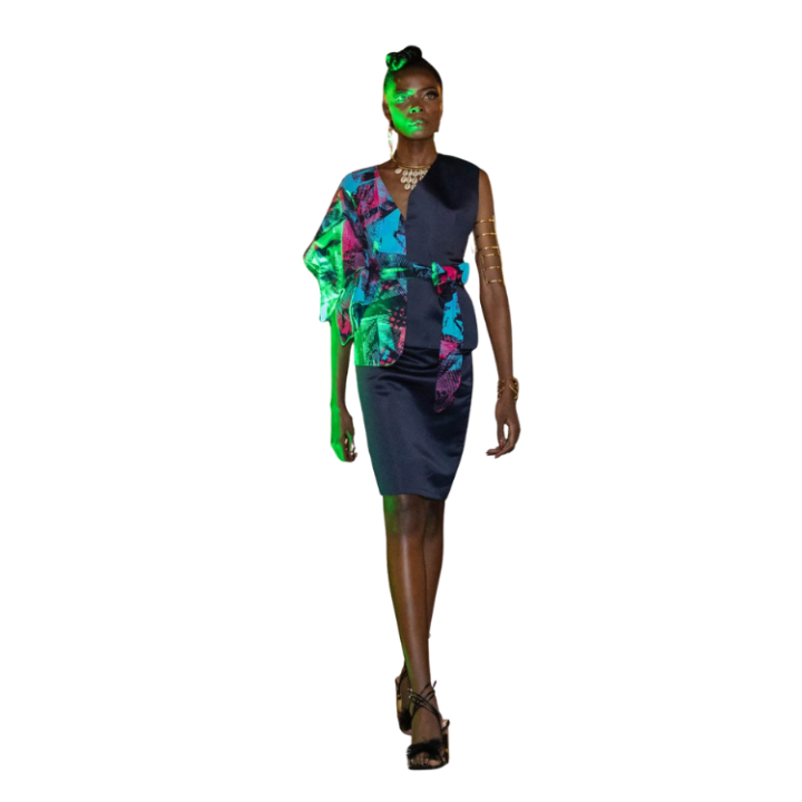 Ladies Sassy Satin Top with Ankara wings detail and plain satin skirt