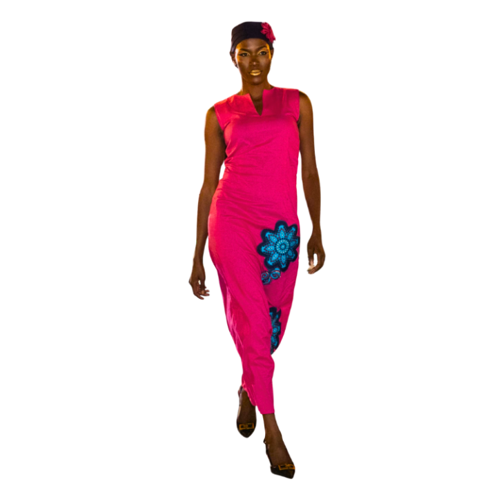 Ladies HAND-MADE Leso Applique Cotton Dress with matching coiffed hat with rose petals