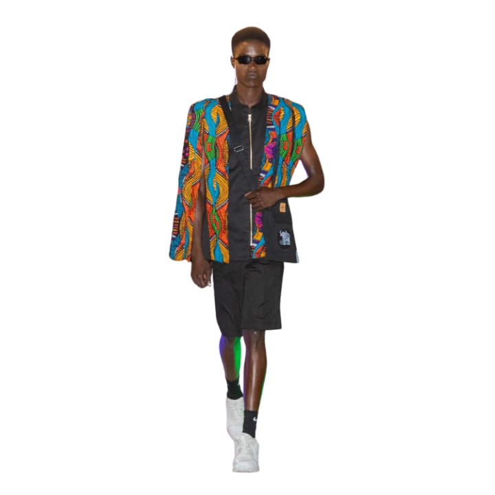 Men's Sleeveless Black Jacket with layered Ankara details front and back
