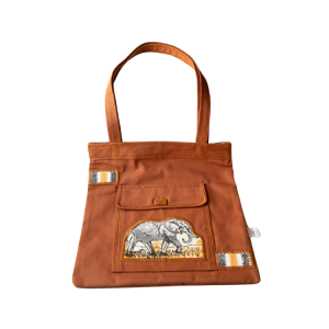 Signature Brown Canvas Cotton Tote Bags with White Elephant